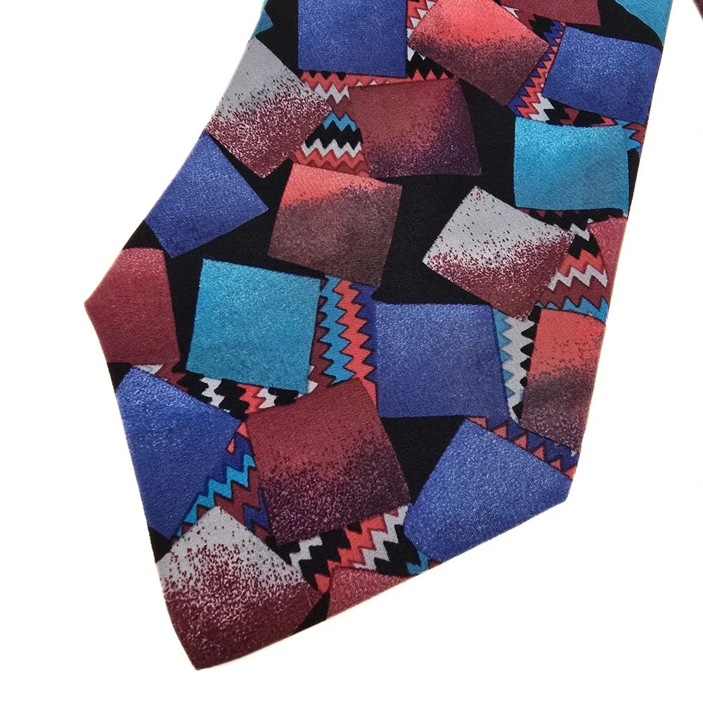 Barbara Blank‎ New York Silk Tie Geometric Abstract Squares Blue Red Handmade